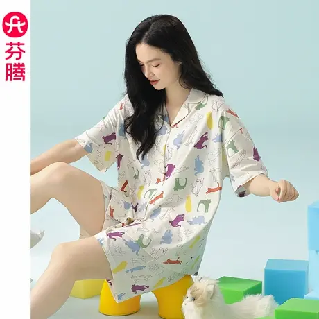 芬腾女睡衣夏季纯棉短袖短裤薄款夏天休闲女款宽松大码家居服套装图片