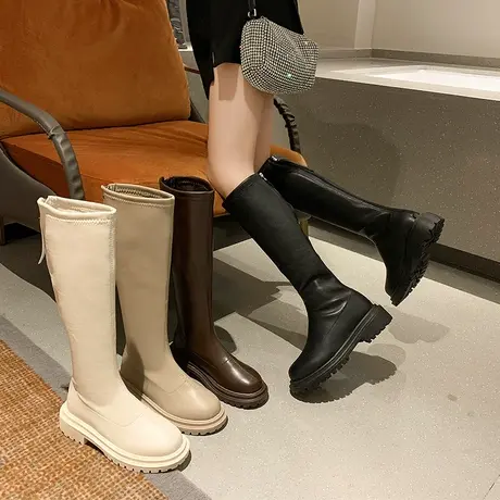 长筒靴女2023新款春秋厚底马丁靴不过膝长靴显瘦弹力高筒骑士靴子图片