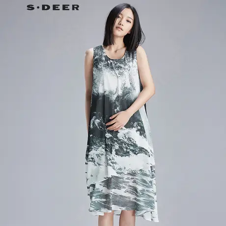 【上新】sdeer圣迪奥女装写意水墨层次摆无袖连衣裙S16281280图片