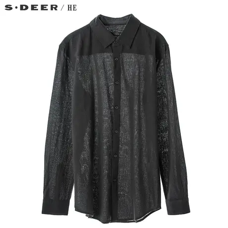 sdeerhe圣迪奥男纯黑简约纽扣闭合门襟弧形下摆翻领衬衫H15470597图片