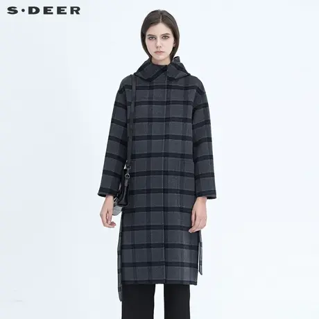sdeer圣迪奥冬季女装高领连帽收腰撞色格纹长款毛呢大衣S20481853图片