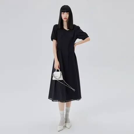 艾莱依泡泡袖连衣裙女夏季新款法式圆领收腰显瘦高级感小黑裙长裙图片