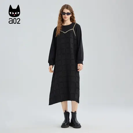 a02假两件拼接连衣裙女2025秋季新款黑色吊带长裙设计感通勤穿搭图片