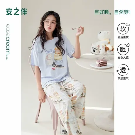 【胡可推荐】安之伴睡衣女夏季纯棉家居服短袖长裤休闲套装图片