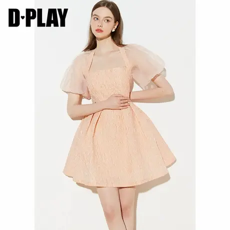 DPLAY夏新款名媛法式美背泡泡袖收腰奶油橘粉提花连衣裙图片
