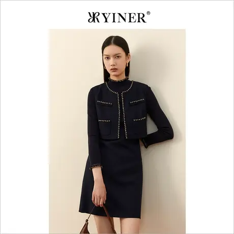 YINER音儿女装冬季新款亮丝撞色V领羊毛针织连衣裙图片