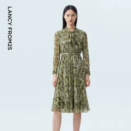 【真丝】LANCY/朗姿2023秋季新款长袖印花中长款高端连衣裙子女图片