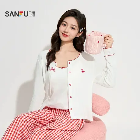 三福女秋季带杯格子三件套家居服 多巴胺甜美风宽松套装506712图片