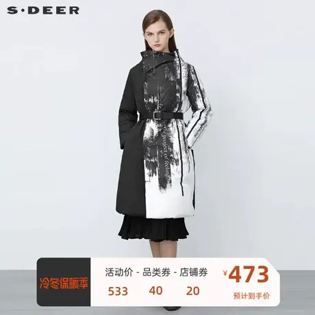 sdeer圣迪奥女装个性高领字母泼墨收腰长款羽绒服S21482476图片