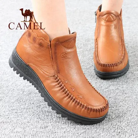 Camel/骆驼女鞋冬季真牛皮加绒保暖高帮侧拉链舒适休闲妈妈短靴子图片