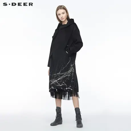 sdeer圣迪奥秋冬高领连帽泼墨插袋绑带圆环开衩大衣女S19481803图片
