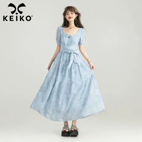 KEIKO 冷艳剪花提花薄纱方领连衣裙夏季轻熟风系带收腰泡泡袖长裙图片