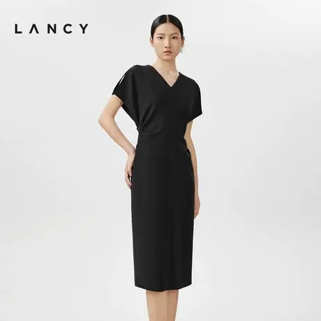 LANCY/朗姿2024春季新款黑色三醋酯V领OL风短袖收腰连衣裙蝙蝠袖图片