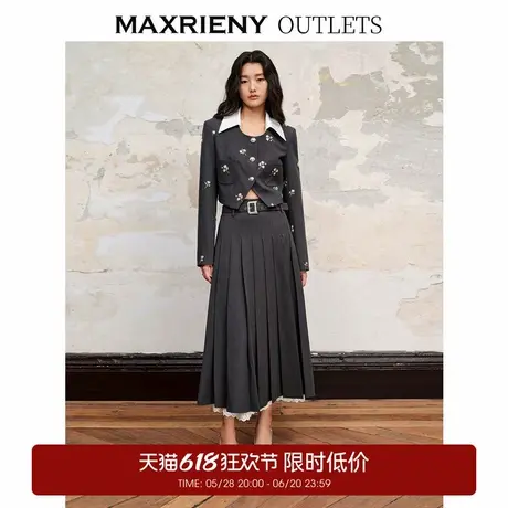 【奥莱】MAXRIENY满钻拼接蕾丝长百褶半身裙子图片