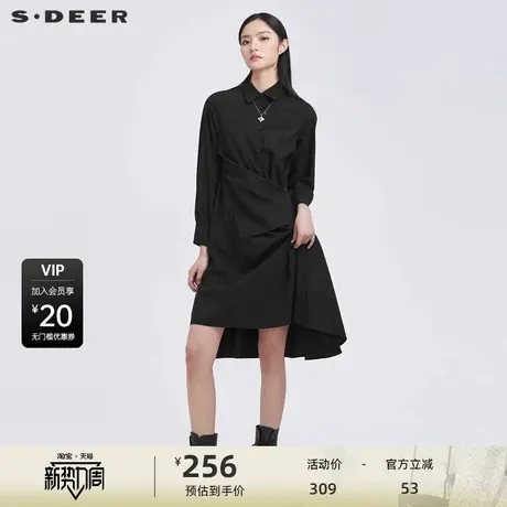 sdeer圣迪奥秋款休闲拼接不规则衬衫黑色长袖连衣裙S22181206图片