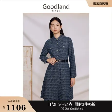 Goodland美地女装2023秋季 提花牛仔 POLO领利落垂感连衣裙图片