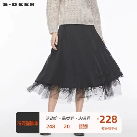 sdeer圣迪奥女装优雅复古蕾丝镂空网纱拼接毛呢长裙S19481104图片