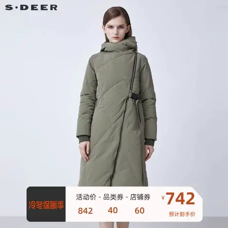 sdeer圣迪奥女装高领连帽收腰斜襟拼接长款羽绒服S21482461图片