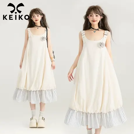 KEIKO 法式吊带花苞裙子水母裙夏季度假风气质U领拼接无袖连衣裙图片