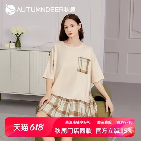 秋鹿睡裙女拼接大格纹家居服夏季短袖薄款纯棉格子外穿睡衣连衣裙图片