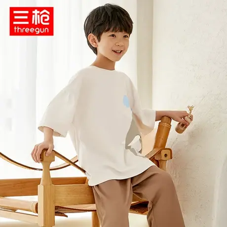 三枪童装睡衣睡裤春夏舒感棉圆领短袖中裤少儿男孩家居服套装图片