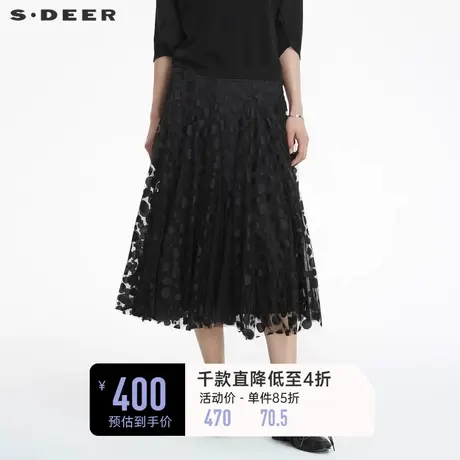sdeer圣迪奥女复古裙子波点网纱A字不规则黑色半身长裙S222Z1109图片
