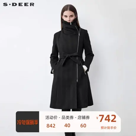 sdeer圣迪奥女装不规则领收腰暗条纹毛呢长款大衣S21481862商品大图
