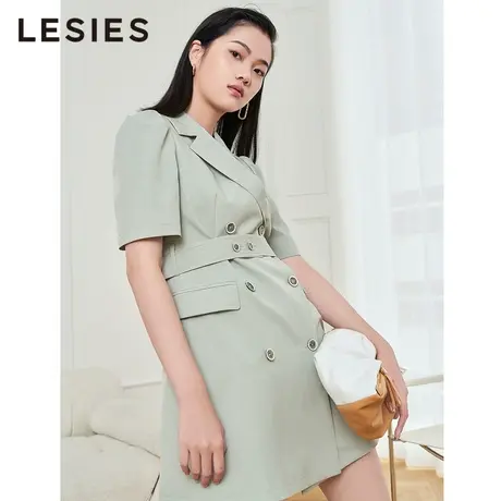 LESIES蓝色倾情春夏女线下专柜绿格纹双排扣腰带西装款连衣裙图片