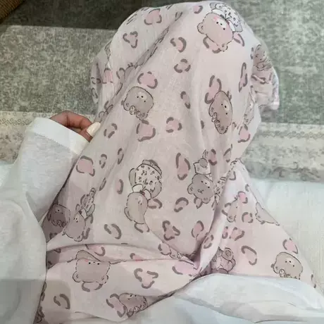 粉豹纹小熊~可爱卡通全棉双层纱宽松舒适长裤可外穿居家有口袋图片