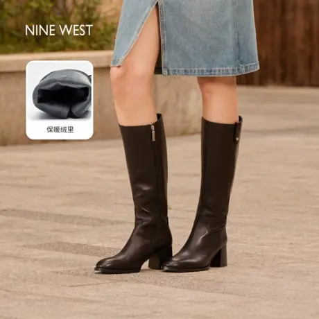 Nine West/玖熙粗跟长筒靴女秋冬高跟真皮骑士靴黑色加绒长靴图片