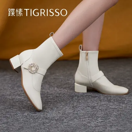 蹀愫水钻方头法式粗跟羊皮时装靴短踝靴子女TA32713-11t图片