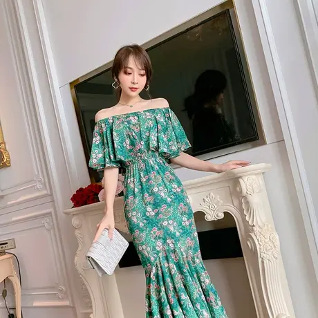 法式复古一字肩连衣裙女2025年夏新款荷叶边气质优雅泡泡袖鱼尾裙图片