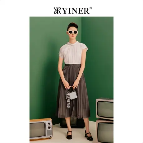 【1996系列】YINER音儿女装夏季优雅钉珠高腰百褶A字连衣裙图片