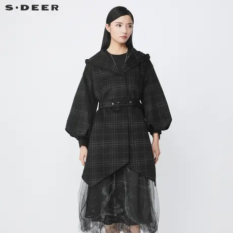 sdeer圣迪奥冬装连帽撞色格纹收腰宽松毛呢大衣S21461703图片