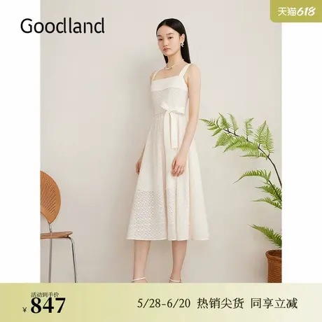 Goodland美地夏季月光镂空花纹蕾丝法式收腰吊带连衣裙图片