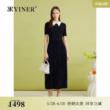 【透气宝来纱】YINER音儿春季撞色彼得潘领针织连衣裙图片