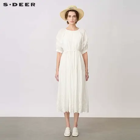 sdeer圣迪奥女装田园风圆领风琴褶收腰绣花连衣裙S25261202图片