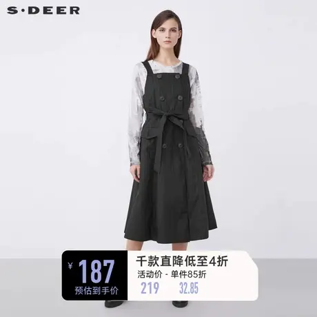 sdeer圣迪奥女装春装复古休闲双排扣收腰背带连衣裙S21381212图片