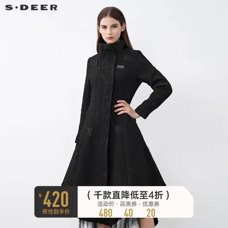 sdeer圣迪奥冬装时尚高领肌理褶皱字母不规则风衣女S21481801图片