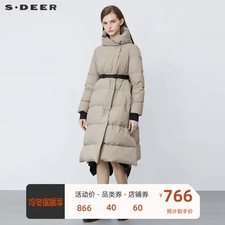 sdeer圣迪奥女装高领连帽收腰罗纹拼接长款羽绒服S21482468图片