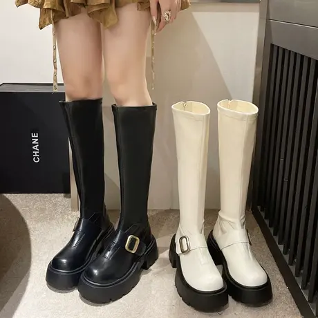 长筒靴女2023年新款春秋季法式复古洋气瘦瘦靴粗跟高跟机车骑士靴商品大图