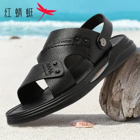 红蜻蜓男鞋休闲男凉鞋夏季真皮平底软面防滑爸爸鞋两穿单鞋沙滩鞋图片