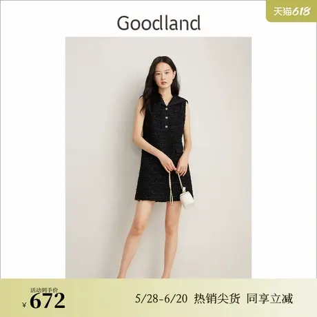 Goodland美地春季时尚小香风小黑裙海军领粗花呢连衣裙图片
