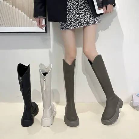 靴子女长筒靴2023年秋季新款时尚休闲小个子粗跟防滑英伦风骑士靴商品大图