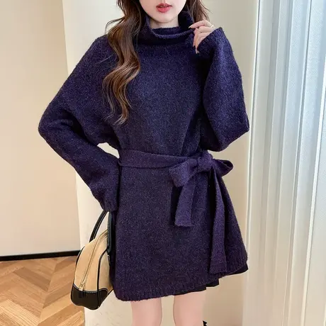 秋冬季毛衣连衣裙女气质高领套头紫色短裙慵懒风高级感TU图片