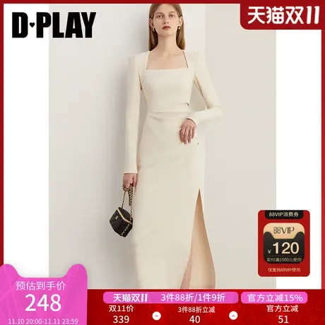 DPLAY2024年春冬法式米白色美背方领侧开衩连衣裙图片