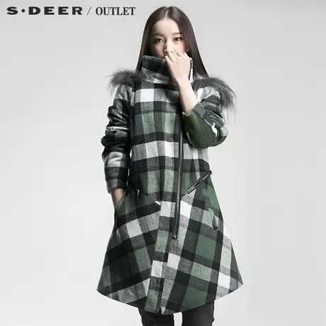 s.deer【新品】圣迪奥专柜正品女装真毛连帽英伦格大衣S13481894图片