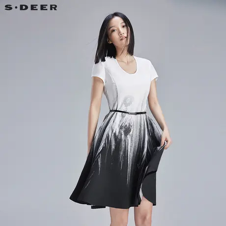 【新品】sdeer圣迪奥女夏优雅抽象流动感印花束腰连衣裙S16281267图片