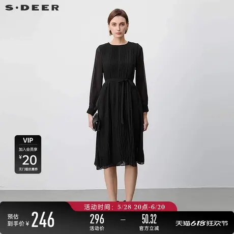 sdeer圣迪奥女装圆领风琴褶收腰雪纺连衣裙S24161208图片