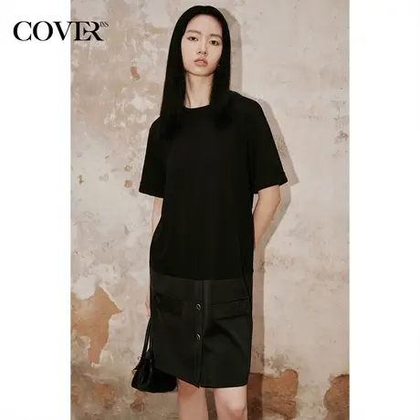 COVER夏季针梭拼接金属扣醋酸连衣裙图片